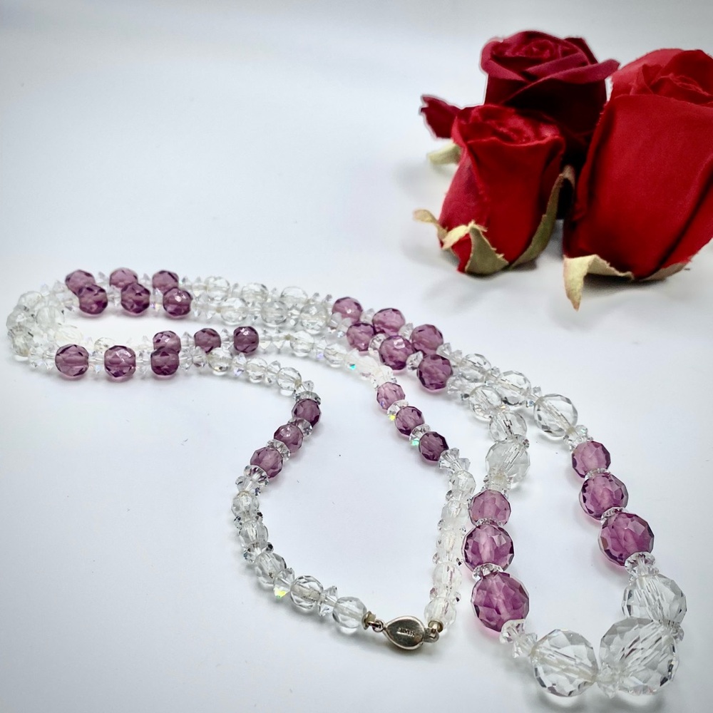 BRILLI ANT 32” Purple & Clear Crystal Graduated Bead VTG NECKLACE Silver Clasp